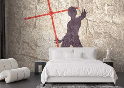 A young catholic female exorcist holds a cross behind of her. the Concept of driving out the devil and evil spirits. Wall mural