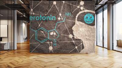 Chemical molecular formula hormone serotonin. Silhouette of a man head. Connected lines with dots background. Wall mural