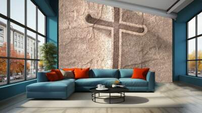 Christian cross. Concrete wall. Religion concept illustration. Wall mural