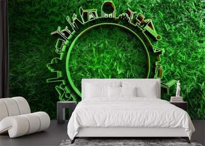 Circle with industry relative silhouettes and 3d green grass Wall mural