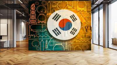 Energy and Power icons set. Design concept of natural gas industry. Circle with industrial line icons. Flag of South Korea Wall mural