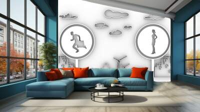 Man with briefcase running from woman. Road signs with human icons. Thin line style scene. 3D rendering. Wall mural