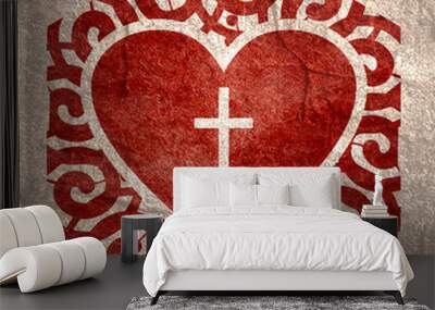 Mosaic arabic ornament. Hexagon emblem with heart icon. Religion concept Wall mural