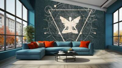 Mystery, witchcraft, occult and alchemy tattoo sign. Mystical vintage gothic geometry thin lines symbol with butterfly woman in lotus yoga pose Wall mural