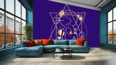 Mystery, witchcraft, occult and alchemy tattoo sign. Mystical vintage gothic geometry thin lines symbol with silhouette of a human skeleton. Grunge style illustration Wall mural