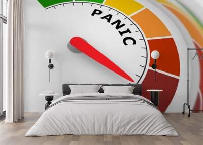 Panic level conceptual meter indicating maximum.Color scale with arrow from green to red. Sign tachometer, speedometer, indicators. Colorful infographic gauge element. 3D rendering Wall mural