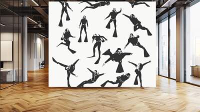 Silhouettes of diver. Set of diver icons. The concept of sport diving. Wall mural