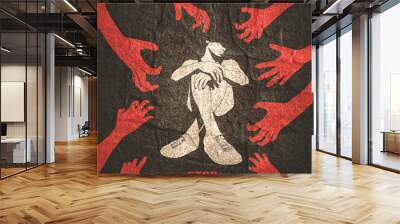 Stop violence text. Social concept of sexual assault , domestic violence and harassment. Male hands reaching out to a sitting woman Wall mural