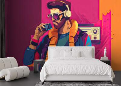 A fashionable guy listens to music in the style of the 90s or 80s. A stylish man in bright clothes with a retro tape recorder dancing Wall mural