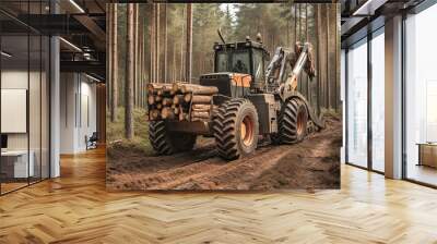 Cable skidder pulling logs in forest Wall mural