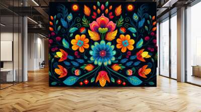 Mexican flower traditional pattern background. Mexican ethnic embroidery decoration ornament Wall mural