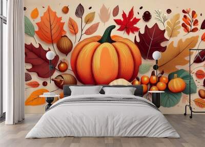 Autumn Thanksgiving Elements Set - simple Flat Style autumn symbols - fall leaves, pumpkin arranged in a composition. Graphic art illustration Wall mural