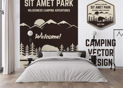 Camping vector brochure and label. The concept of flyer for your business, web sites, presentations, advertising etc. Quality design illustrations, elements. Flat outdoor style. National park banner. Wall mural