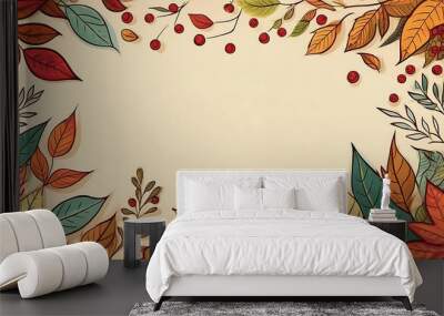 Charming autumn banner pattern featuring hand-drawn leaves and berries in soft retro hues for seasonal decor. Generative AI Wall mural