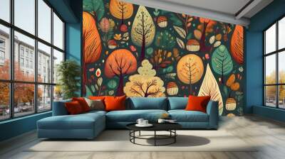 Explore a whimsical forest with playful trees and vibrant bushes celebrating the joy of harvest in a colorful, abstract design. Generative AI Wall mural