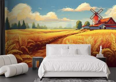 Golden Harvest Pixelated Field - 16-bit pixel art scene of a ripe farmers field ready for harvesting with barn and windmill behind. Game design poster. Graphic art 8 bit illustration Wall mural