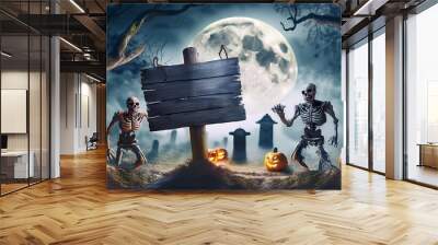 Graveyard Party Sign Surrounded by Candlelit Jack O Lanterns and an Old Wooden Board Creating a Haunting Atmosphere Graphic Art Illustration Wall mural