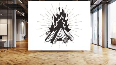 Hand drawn campfire illustration. Sunbursts included. Outdoor camping themed print for t-shirt, isolated on white background. Letterpress old style Wall mural