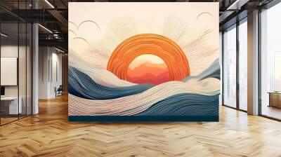 Minimalist Sun and Waves poster design - minimalist card with simple line drawings of a sun rising and sea waves. Graphic art illustration. Summer wallpaper Wall mural