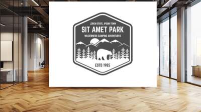 National park vintage badge. Mountain explorer label. Outdoor adventure logo design with bear. Travel and hipster insignia. Wilderness, forest camping emblem Hiking, backpack monochrome. Wall mural