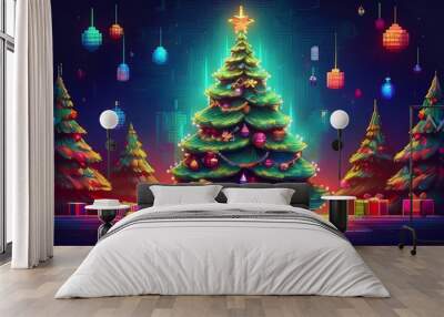 Pixelated Christmas Tree - A pixel art Christmas tree with new year elements like flashing lights, gift boxes on stylish neon background. Graphic art illustration Wall mural