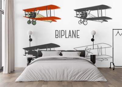 Set of vintage aircraft design elements. Retro Biplanes in color, line, silhouette, monochrome designs. Aviation symbols. Biplane emblem. Old style planes. Isolate on white background Wall mural