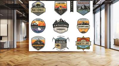 Set of vintage hand drawn travel badges. Camping labels concepts. Mountain expedition logo designs. Travel badges. camp logotypes collection. Stock vector patches isolated on white background Wall mural