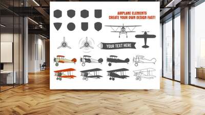 vintage airplane symbols. biplane vector graphic labels. retro plane badges, design elements. aviati Wall mural