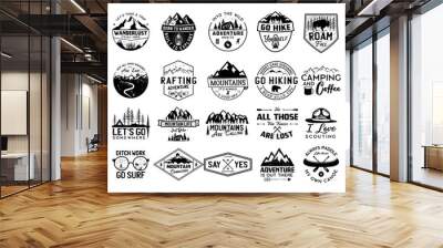 Vintage camp logo bundle, mountain badges set. Hand drawn labels designs. Travel expedition, canoe, wanderlust and hiking. Outdoor emblems. Logotypes collection. Stock vector isolated on white Wall mural