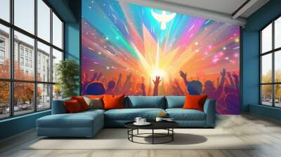  Crowd of Believers Raising Hands in Worship with Holy Spirit Flying Above, Spiritual Concept Illustration Wall mural