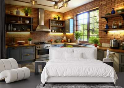 A kitchen with a large island and a brick wall Wall mural