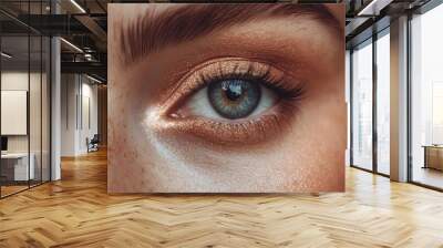 a striking close-up of a beautiful female eye showcases exquisite natural makeup, the intricate detail capturing the light and enhancing her features with elegance and allure Wall mural