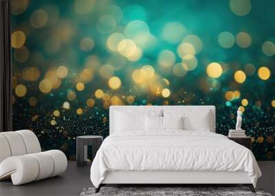 abstract glittery teal green and gold bokeh background festive holiday celebration texture Wall mural