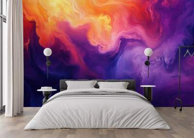 abstract swirls of deep purple fiery orange and electric blue blend together in a mesmerizing digital painting grainy texture adds depth and movement to the vibrant color palette Wall mural