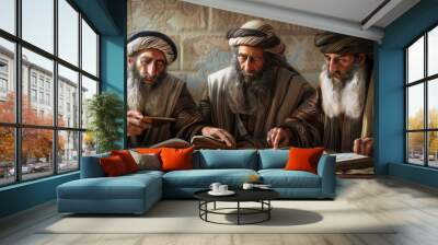 Ancient Jewish Pharisees studying religious scriptures during Jesus' era, historical illustration, digital painting Wall mural