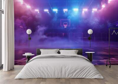 Atmospheric basketball court illuminated by neon lights with dramatic smoke, futuristic sports arena Wall mural