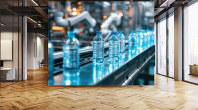 automated beverage production line with gleaming stainless steel machinery conveyor belts transporting bottles robotic arms filling and capping cool blue lighting industrial efficiency theme Wall mural