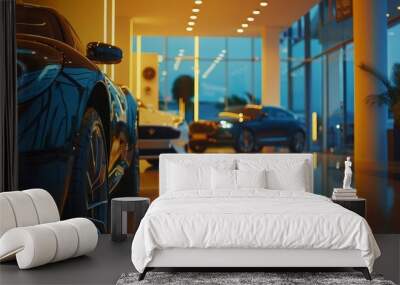 automotive dealership showroom with shiny new vehicles on display car sales business Wall mural