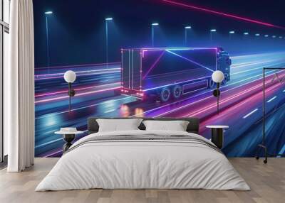 Autonomous truck on futuristic highway, self-driving vehicle technology, digital concept illustration Wall mural