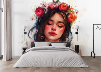 beautiful woman with flower crown on white background digital portrait illustration Wall mural