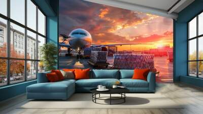 Cargo airplane being loaded with freight containers at busy international airport, logistics and transportation concept Wall mural