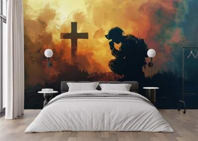 christian soldier praying with cross in background faith and spiritual warfare concept digital painting Wall mural