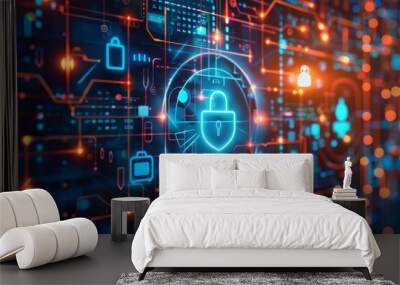 Comprehensive cybersecurity framework illustration Featuring advanced encryption Secure network architecture And data privacy icons Highlighting the importance of protecting digital information Wall mural