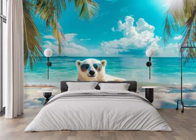 cool polar bear wearing sunglasses relaxing on white sandy tropical beach with blue ocean and palm trees digital art Wall mural