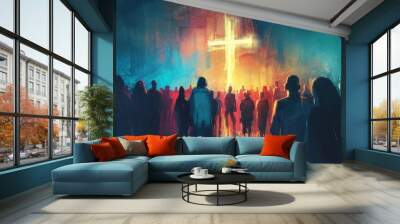 Diverse crowd around illuminated cross in modern painting style, Christian faith and unity concept illustration Wall mural