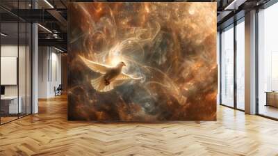 ethereal dove in flight radiating divine light symbolic representation of holy spirit swirling energy patterns celestial backdrop spiritual and mystical atmosphere Wall mural