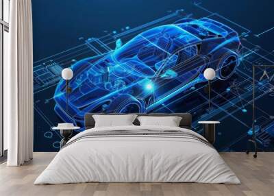 futuristic industrial 3d car design concept engineering blueprint background automotive development assembly cyberspace illustration Wall mural