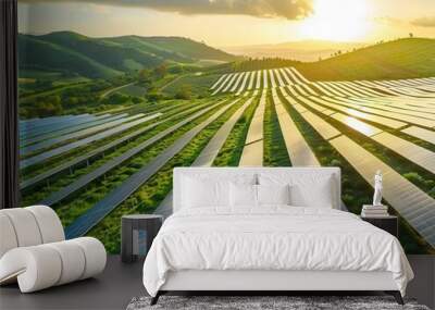 futuristic solar farm sleek panel arrays drone perspective sustainable technology vibrant green landscape Wall mural