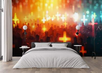 glowing cross silhouettes in crowd symbols of faith hope and spiritual unity concept illustration Wall mural