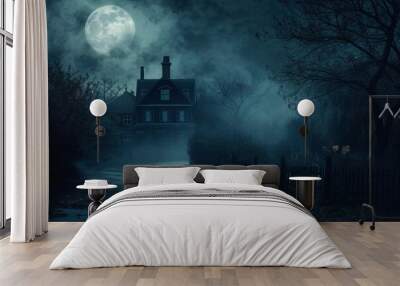 Halloween concept background with a realistic horror house Creepy street And moonlight Creating a spooky and atmospheric setting Wall mural